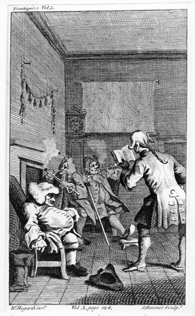 Trim tizedes prédikációt olvas fel, Laurence Sterne „Tristram Shandy, úriember élete és véleményei” című művének előlapja, Simon Francois Ravenet metszet, 1759 alkotó: William Hogarth