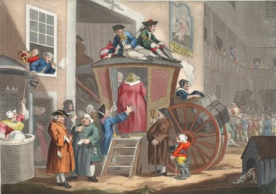 Country Inn Yard, illusztráció a „Hogarth Restored: The Whole Works of the híres William Hogarth, re-graves by Thomas Cook”, pub. 1812 (kézzel színezett metszet) alkotó: William Hogarth
