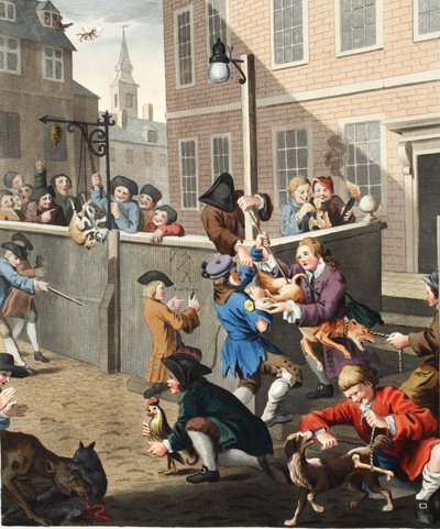A kegyetlenség első szakasza, illusztráció a „Hogarth Restored: The Whole Works of the híres William Hogarth, újrametszette Thomas Cook” című kocsmából. 1812 (kézzel színezett metszet) alkotó: William Hogarth