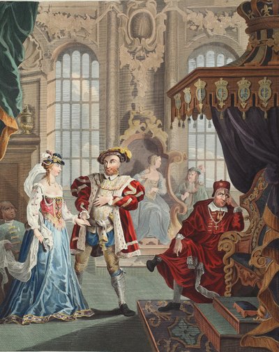 VIII. Henry és Anne Boleyn, illusztráció a „Hogarth Restored: The Whole Works of the híres William Hogarth, újrametszett Thomas Cook” című kocsmából. 1812 (kézzel színezett metszet) alkotó: William Hogarth
