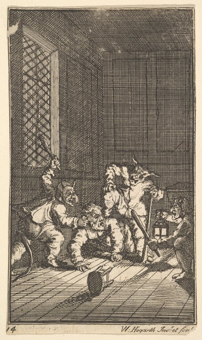 Hudibras tizenhét kis illusztrációt katekizált Samuel Butlers számára. Hudibras, 1. sz. 14, 1721-26. alkotó: William Hogarth