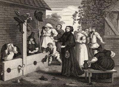 Hudibras és Ralpho a készletekben, Samuel Butler (1612-80) „Hudibras” című művéből, J. Romney metszete, „William Hogarth műveiből”, 1833. alkotó: William Hogarth