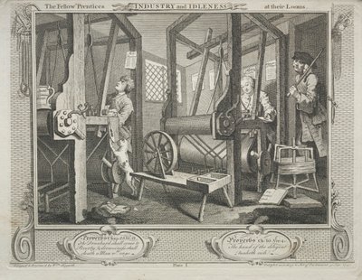 Ipar és tétlenség: The Fellow Prentices at their Loooms, 1747. alkotó: William Hogarth