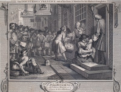 Ipar és tétlenség: Prentice Married (vonalmetszet papírra) alkotó: William Hogarth