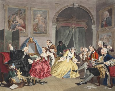Marriage a la Mode, IV. tábla, The Toilette, illusztráció a „Hogarth Restored: The Whole Works of the híres William Hogarth, re-graves by Thomas Cook”, pub. 1812 (kézzel színezett metszet) alkotó: William Hogarth