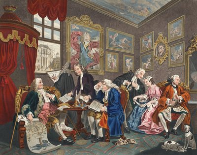 Marriage a la Mode, I. tábla, The Marriage Settlement, illusztráció a „Hogarth Restored: The Whole Works of the híres William Hogarth, re-graves by Thomas Cook”, pub. 1812 (kézzel színezett engr alkotó: William Hogarth