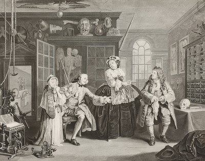 Házasság à la Mode / házasság a divat szerint. 3. lap: Az ellenőrzés / The Count and the Quack. 1745 alkotó: William Hogarth