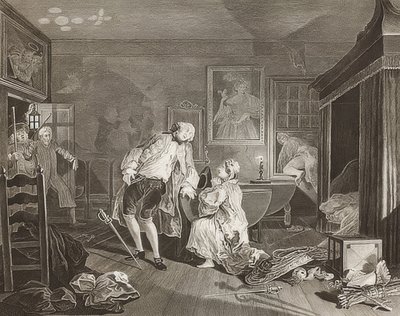 Házasság à la Mode / házasság a divat szerint. 5. lap: A Bagnio / A gróf elesik egy párbajban. 1745 alkotó: William Hogarth
