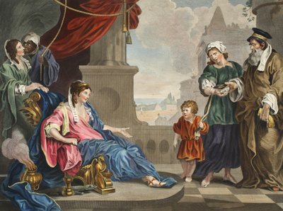 Mózes hozott a fáraó lányának, illusztráció a „Hogarth Restored: The Whole Works of the híres William Hogarth, újrametszett Thomas Cook” című kocsmából. 1812 (kézzel színezett metszet) alkotó: William Hogarth