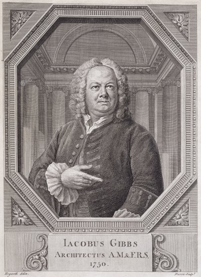 James Gibbs (1682-1754) portréja a "Radcliffe-könyvtár tervei, részei és domborzatai" című könyvből, Bernard Baron (1696-1766 körül) metszet, 1750 alkotó: William Hogarth