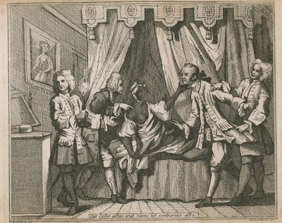 Aki most fehér szín volt, az a fehér ellentéte; Négy férfi szembesül egy fekete nővel a hálószobájában alkotó: William Hogarth