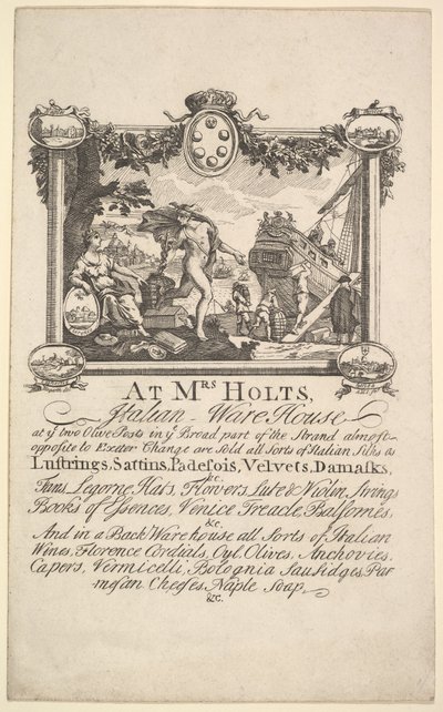 Boltkártya Mrs. Holts olasz raktár számára, 1720-72. alkotó: William Hogarth