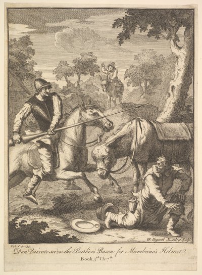 Mambrinos kalandja Sisak Hat illusztráció Don Quijote számára, 1756 vagy azután. alkotó: William Hogarth