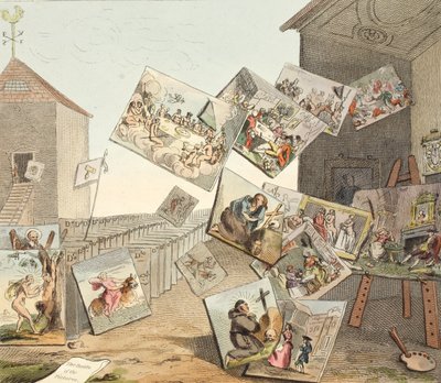 The Battle of the Pictures, illusztráció a „Hogarth Restored: The Whole Works of the híres William Hogarth, re-graves by Thomas Cook”, pub. 1812 (kézzel színezett metszet) alkotó: William Hogarth