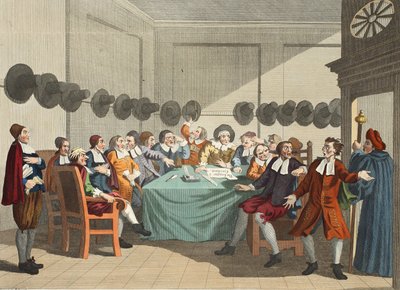 A bizottság Samuel Butler (1612-80) „Hudibras” című művéből, illusztráció a „Hogarth Restored: The Whole Works of the híres William Hogarth, újrametszette Thomas Cook” című kocsmából. 1812 (kézzel színezett alkotó: William Hogarth