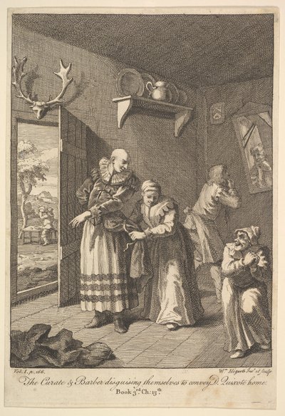 A kurátor és a borbély álcázzák magukat, hogy közvetítsék a Don Quijote otthon hatodik évét..., 1756 vagy azután. alkotó: William Hogarth