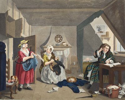 The Distressed Poet, illusztráció a „Hogarth Restored: The Whole Works of the híres William Hogarth, újrametszette Thomas Cook”, pub. 1812 (kézzel színezett metszet) alkotó: William Hogarth