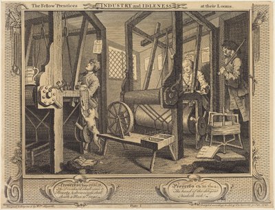 A segédinasok a szövőszékeiknél alkotó: William Hogarth