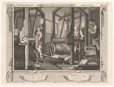 The Fellow Prentices at their Loooms Industry and Idleness, 1. lemez, 1747. szeptember 30. alkotó: William Hogarth