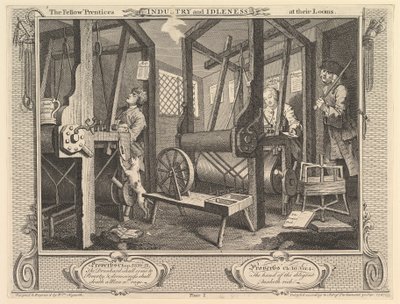 The Fellow Prentices at their Loooms: Industry and Idleness, 1. lemez, 1747. szeptember 30. alkotó: William Hogarth