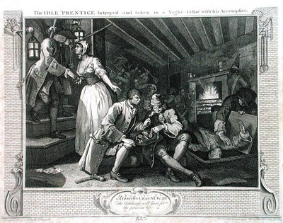 Az 1833-ban kiadott The Idle „Prentice Betrayed by a Prostitute”, „Ipar és tétlenség” IX. táblája, 1833-ban (metszet) alkotó: William Hogarth