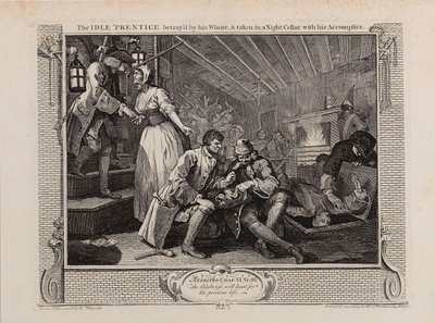 A tétlen pap, akit kurva elárult, és bűntársával egy éjszakai pincébe vitték, 1747. alkotó: William Hogarth