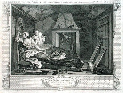 Az Idle „Tengerről visszatért tanítvány és egy prostituált garretben”, „Ipar és tétlenség” VII. táblája, 1833-ban (metszet) alkotó: William Hogarth