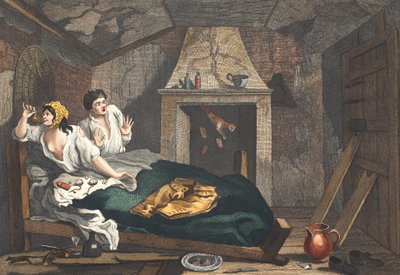 A tétlen „Prentice visszatért a tengerről, és egy garretben egy közös prostituálttal”, „Ipar és tétlenség” VII. lemeze, illusztráció a „Hogarth Restored: The Whole Works of the híres William Hog” című könyvből alkotó: William Hogarth