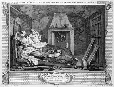 A tétlen „Prentice visszatért a tengerből, és egy garretben egy közös prostituálttal”, „Ipar és tétlenség” VII. lemeze, 1747 alkotó: William Hogarth