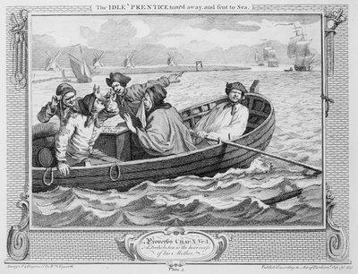 A tétlen „Prentice elfordult és tengerre küldött”, „Ipar és tétlenség” V. lemeze, 1747 alkotó: William Hogarth