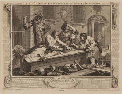 A tétlen „tanonc játszik a templom udvarán, isteni szolgálat közben alkotó: William Hogarth