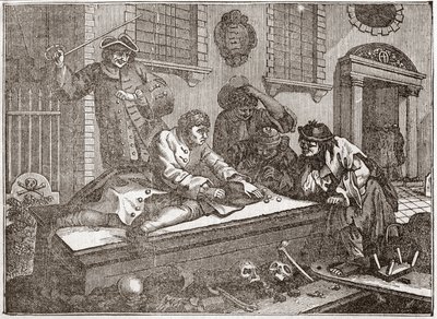 A tétlen tanítvány játékban a templom udvarán, isteni szolgálat közben – Lemez William Hogarth (1697-1764) brit illusztrátor 12 metszetből álló sorozatából, „Ipar és tétlenség”, „A zele és a lustaság” címmel. elmesélve két pályafutását a alkotó: William Hogarth