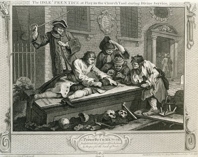 A tétlen „Prantice játékban a templom udvarán isteni szolgálat közben”, „Ipar és tétlenség” III. lemeze, 1833-ban. alkotó: William Hogarth