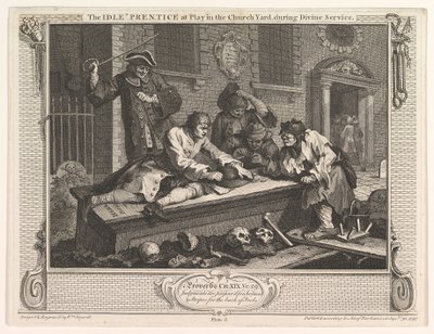 The Idle Prentice at Play in the Church Yard Industry and Idleness, 3. tábla, 1747. szeptember 30. alkotó: William Hogarth