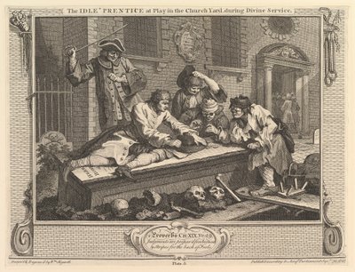 The Idle Prentice at Play in the Churchyard: Ipar és Idleness, 3. tábla, 1747. szeptember 30. alkotó: William Hogarth