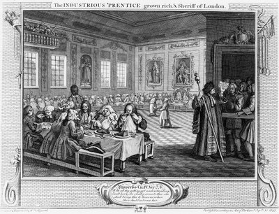 A szorgalmas „Prentice meggazdagodott, és a londoni seriff”, az „Ipar és tétlenség” VIII. táblája, 1747 alkotó: William Hogarth