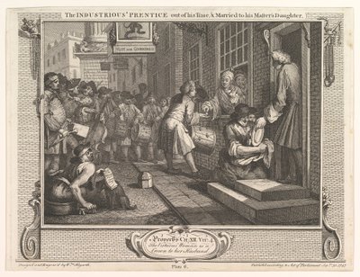 A szorgalmas Prentice kijárt az idejében, és feleségül vette mesterének lányát..., 1747. szeptember 30. alkotó: William Hogarth