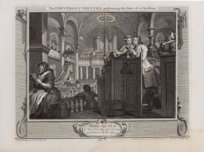 A szorgalmas pap, aki a keresztény kötelességét teljesíti. Ipar és tétlenség sorozat, 1747. alkotó: William Hogarth