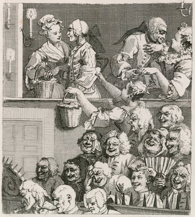 A nevető közönség. Hogarth képe a Drury Lane-ről narancssárga menyékkel 1733-ban alkotó: William Hogarth