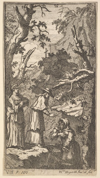 Az új metamorfózis, 7. tábla: A bíboros, egy remete és Donna Angela Fantáziát tartja, 1724. alkotó: William Hogarth