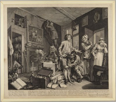 A fiatal örökös birtokba lép, 1. tábla A léha ember útja című sorozatból alkotó: William Hogarth