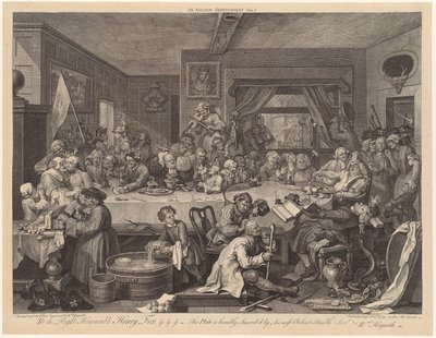 Választási lakoma, „A választások” sorozat 1. lapja alkotó: William Hogarth