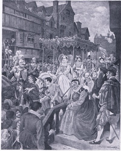 Mary Queen állam belépése Edinburghba 1561-ben, a Cassells History of the British People című könyvéből, amelyet a Waverley Book Company adott ki, az 1950-es évek körül (litho) alkotó: William Hole