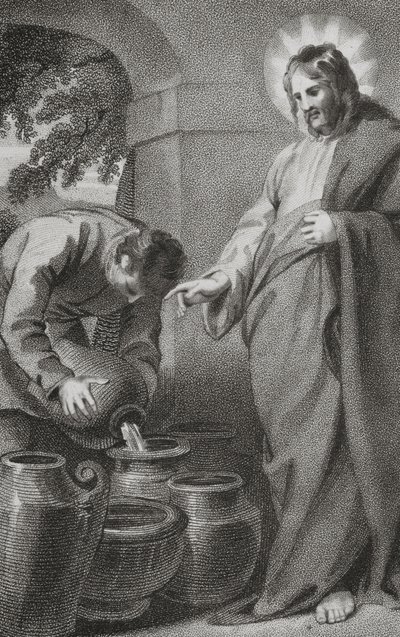 Krisztus a vizet borrá változtatja, „Boldog Urunk és Üdvözítőnk, Jézus Krisztus története és élete”, J. Milner tiszteletes, kiadó: B. Crosby, 1808 alkotó: William Hopwood