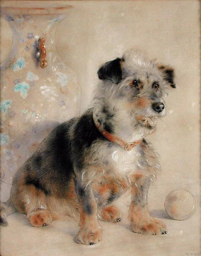 Terrier egy Canton Famille Rose váza előtt ülve alkotó: William Huggins