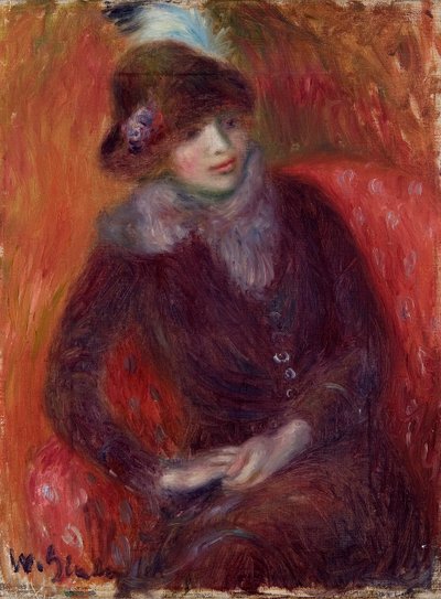 Ülő nő szőrme nyakrésszel és piros háttérrel alkotó: William James Glackens