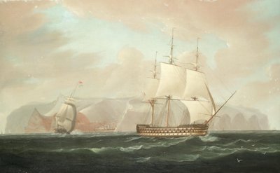 Egy háromfedélzetű vonalhajó távolodik Jamestownból, Szent Ilona, miközben kísérő fregattja búcsúszózatot ad le. alkotó: William John Huggins