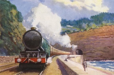 A GWR Cornish Riviera Expressz "King" osztályú mozdonya a London és Penzance közötti vonalon (színes lithó). alkotó: William John Patton McDowell