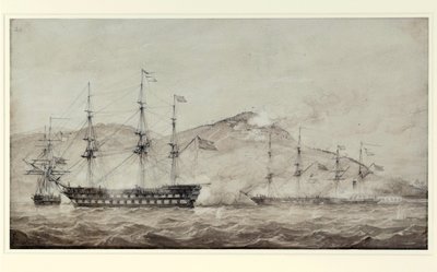A HMS hajók "Wellesley", "Columbine" és "Grisel", Amoy (Kína) előtt, 1841-ben. Lavis alkotó: William Joy