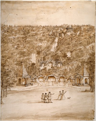 Chatsworth: Cascade tervezése, 1740-es évek eleje (toll és barna tinta, barna mosás ceruzával papíron) alkotó: William Kent